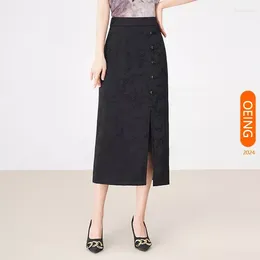 Skirts Women's Skirt 2024 Spring Summer Chinese Chic Slim Fit Casual Button Spliced Lace Black Jacquard Long Pencil 4XL 70157