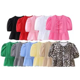 New design women short puff sleeve o-neck bow patched candy Colour hollow out sexy cute summer shirts tops XSSML