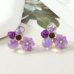 Stud Earrings Purple Flower Fashion Earings For Women 2024 Trendy Korean Crystal Rhinestone Wedding Party Jewelry