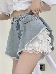 Women's Jeans Summer Sexy Y2k Lace Two Piece High Waist Fashion Thin Streetwear Wide Legs Short Pants 2024 All-match Loose Denim Shorts