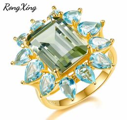 RongXing Retro Big Square Stone Clear Blue Zircon Water Drop Rings For Women Yellow Gold Filled Birthstone Wedding Bands6940602