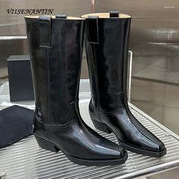 Boots Vintage Western Women Square Toe Chunky Heels Knight Genuine Leather Slip On Fashion Runway Knee High Females