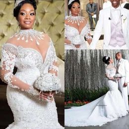 South African Mermaid Wedding Dresses Lace Crystals Beading Long Sleeves Bridal Gowns High Sheer Neck Plus Size Vestiods 49 0510