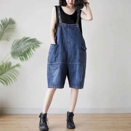 Women's Jumpsuits Rompers Denim Jumpsuits Korean Style One Piece Outfit Casual Solid Wide Leg Shorts Summer Clothing for Women High Waisted Cropped Jeans Y240510