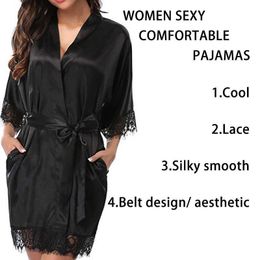 Women's Robe Women Iace Silk Pajamas Robes Sleepwear Nightgowns Half Sleeve Nightdress Black Lace Bathrobe Smooth Soft Comfortable Pure Color