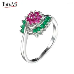 Cluster Rings Women's Jewelry S925 Silver Ring Emerald Red Corundum Frosted Rainbow Color Zircon Pattern Wedding Fine Jewel Gifts