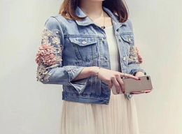 women winter jacket autumn embroidery three dimensional flowers pearl bead short denim coat long sleeve jean for womens49989878677798