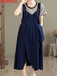 Casual Dresses Solid Colour Summer Sleeveless V-neck Denim Dress Female Fashion Elegant Asymmetrical Pullover Spaghetti Strap