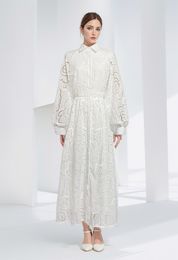 Designer dress, women's clothing, lantern sleeves, lapel, hollowed out flower embroidery, white long casual dress, long sleeved summer dress