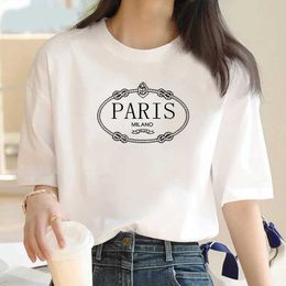 Women's T-Shirt 2024 New sailor collar clothing fashion Paris pattern Print short slve T-shirt trend Women summer Y2K short slve top T240508