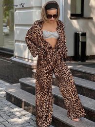 Women's Two Piece Pants Leopard Street Suits Women Oversize Printing Shirts And Wide Legs Ladies Casual Sets Autumn 2024 Chic