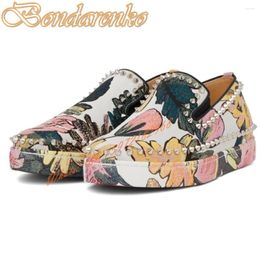 Casual Shoes Flower Printed Rivet Men's Shoe Round Toe Thick Sole Slip On Male Office Fashion Show Spring Autumn Big Size