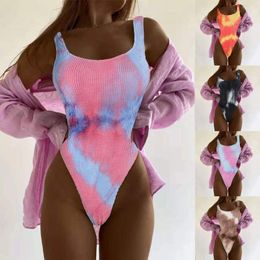 Vintage Retro Tie Dye Sexy Bodysuit Women Beachwear Spaghetti Strap Square Neck Slender Monokini Summer Backless Swimwear