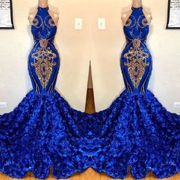 Royal Blue Mermaid Prom Dresses 2019 Halter Lace Appliqued Gorgeous 3D Floral Skirt Prom Party Evening Gowns For Black Girls BC1213 2149