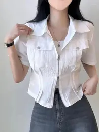 Women's Blouses Women Solid Workwear Double Zipper Top Summer Short Sleeve Office Shirt Korean Fashion Streetwear Simplicity