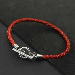 Charm Bracelets Fashion Mens Genuine Leather Bracelet Stainless Steel OT Buckle Bangle 4mm Thin Braided Pulsera De Cuero Red Wrap Braslet Joias Y240510