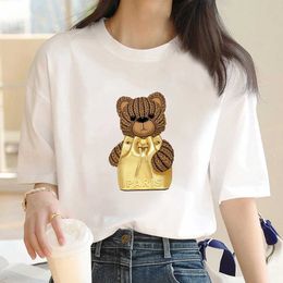 Women's T-Shirt Fashion retro womens T-shirt Anime bear pattern womens clothing summer V-neck short-slved T-shirt Harajuku strt women wear T240508