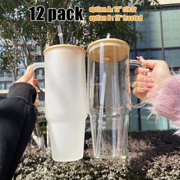 Reusable blank sublimation crystal clear frosted 32oz 40oz borosilicate glass travel mugs with handle for Heat Thermal Coating Transfer