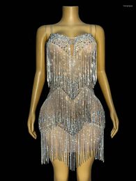 Stage Wear Evening Party Dresses Sliver Fringe Drag Costume Sexy Festival Show Costumes Dress With Stones Birthday Special Ocassion