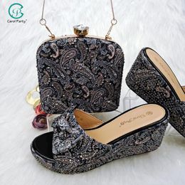 Dress Shoes Italian Design Paisley Pattern Black Color And Bag Matching Party Fashion Comfortable Heel Women's