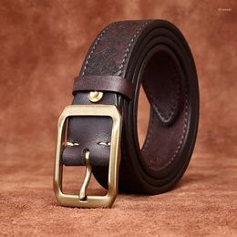 Belts 3.8CM Pure Cowhide Thicken Carving Genuine Leather For Men Brand Strap Male Brass Buckle Jeans Cowboy Cintos Luxury Retro