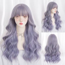 High Quality Qi Bangs Long Wigs Hot Sale Korean Blue Purple Big Wavy Hair Wholesale Europe America Fashion High Temperature Silk Rose Net Curly Wig
