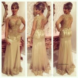 Gold Prom Dresses 2019 Sequins Appliques A Line Long Sleeves Evening Beaded Backless Floor Length Party Dresses Plus Size Vestido 40 0510