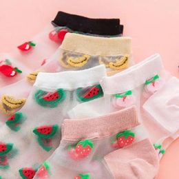 Women Socks 5 Pairs Transparent Crystal Fiber Boat Watermelon Fruit Jacquard Summer Ultra-Thin Invisible Hosiery