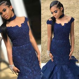 Navy Blue Off-The-Shoulder Mermaid Prom Dresses Lace Appliques Beaded Evening Dress Long Sweep Train Party Gowns 58 0510