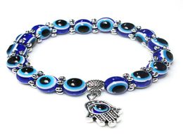 Turkish Evil Eye Beaded Strands Bracelet 8mm Blue Resin Beads Alloy Hamsa Hand Charms Bracelets Bangle for Women Lucky Jewelry1670117