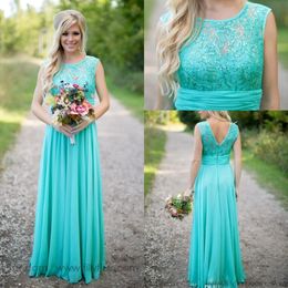 Cheap Country Turquoise Mint Bridesmaid Dresses Illusion Neck Lace Beaded Top Chiffon Long Plus Size Maid of Honour Wedding Party Dress 340b