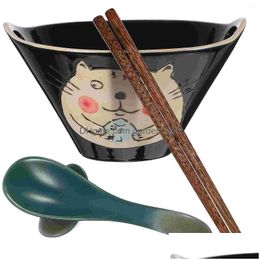Dinnerware Sets Double Hole Noodle Bowl Set Soup Home Noodles With Spoon Chopsticks Wooden Ceramics Japanese Kitchen Ramen Drop Deli Dhrgi