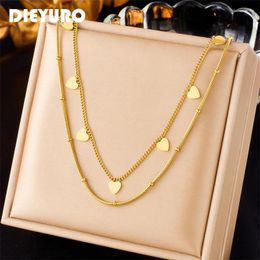 Choker DIEYURO 316L Stainless Steel Double Layers Heart Chokers Necklace For Women Fashions Gold Color Neck Chain Jewelry Party Gift