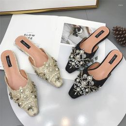 Slippers Lace Closed Toe Lazy Handmade Beading Flowers Flat Mules Shoes Women Big Pearl Silk Cosy Footwear Girls Flip Flops 2024