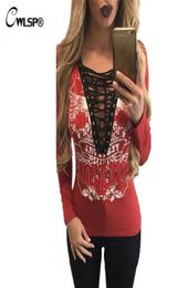 Whole CWLSP T shirt Women V Neck long sleeve tshirt ROCK N ROLL Hollow Out Lace Up Tshirts for women plus size korean fashio6429789