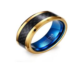 Junerain Mens Rings Tungsten Carbide Ring 8mm Black Carbon Fibre Inlay Goldcolor Edges Engagement Wedding Band Fashion Jewellery An56549907
