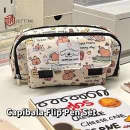 Portable Cute Capybara Flip Pencil Cases Fashion Cartoon Pouch Kawaii Stationery Storage Bag Cosmetic Bags Coin Purse