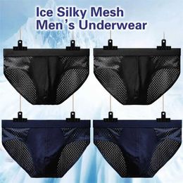 Underpants 2Pcs/Lot Mens Underwear Ice Mesh Underwear Sexy Boxer 3D Pouch Breathable Triangle Shorts High Stretch Cutout Shorts Plus Size Y240507