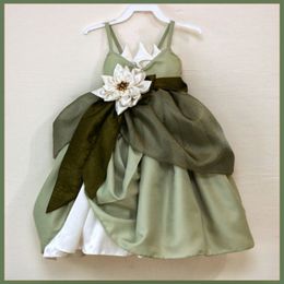 Army Green Spaghetti Flower Girl Dresses For Wedding 2017 Handmade Flower Ruffles Beaded Girls Pageant Gowns Custom Made Kids Formal We 233R