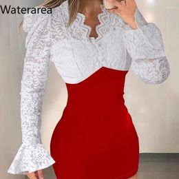 Casual Dresses Waterarea Women Lace Patchwork Flare Long Sleeve V-neck Birthday Bodycon Midi Mini Dress 2024 Evening Sexy Party