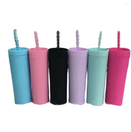 Mugs 16 Oz Acrylic Slim Thin Cup Colorful Frosted Straw Coffee Mug Water Bottle With Lid Straws Double Wall Year Party