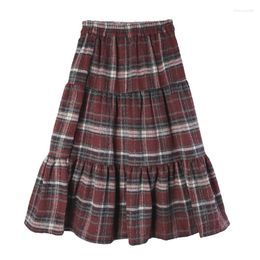 Skirts Autumn Winter Vintage Women's Woollen A-line Skirt Retro Red Brown Plaid Elastic Waist Calf-length