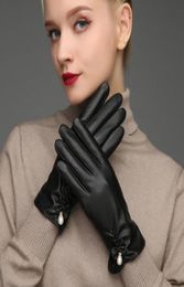 Five Fingers Gloves 2021 Women039s Pearl PU Leather Winter Velvet Lining Short Warm Touch Screen Driving Female Black S28638829340