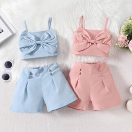 Clothing Sets BeQeuewll Little Girl Summer Clothes Solid Colour Sleeveless Front Bow Cami Tops With Shorts 2 Pcs Outfit For 2-6 Years