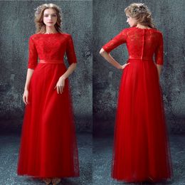 Red Long Modest Bridesmaid Dresses With Half Sleeves Lace Tulle Floor Length Formal Wedding Party Dresses Cheap Temple Brides Maid Dres 2093