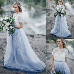 Elegant Dusty Blue Wedding Dress Tulle Bridal Gowns With Lace Tops Jacket Boho Wedding Dress Vestido de Noiva 313C