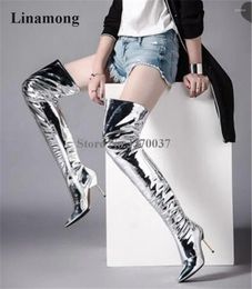 Boots Women Sexy Pointed Toe Silver Patent Leather Stiletto Heel Over Knee Slim Charming Metal Thin High Long