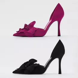 Dress Shoes Sexy Purple Pink Black Petal Flower Pumps Summer Side Cutout High Heel Slip On Pointed Toe Woman Party