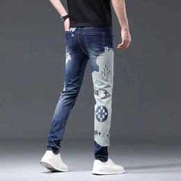 Men's Jeans Colour matching printed jeans mens trend fashion street high-quality Personalised embroidered slim fit elastic pants Q240509