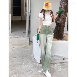 Women's Jeans Autumn Women Gradient Green High Waist Vintage Fashion Straight Split Wide Leg Pants Hip Hop Baggy Casual Denim Trouser